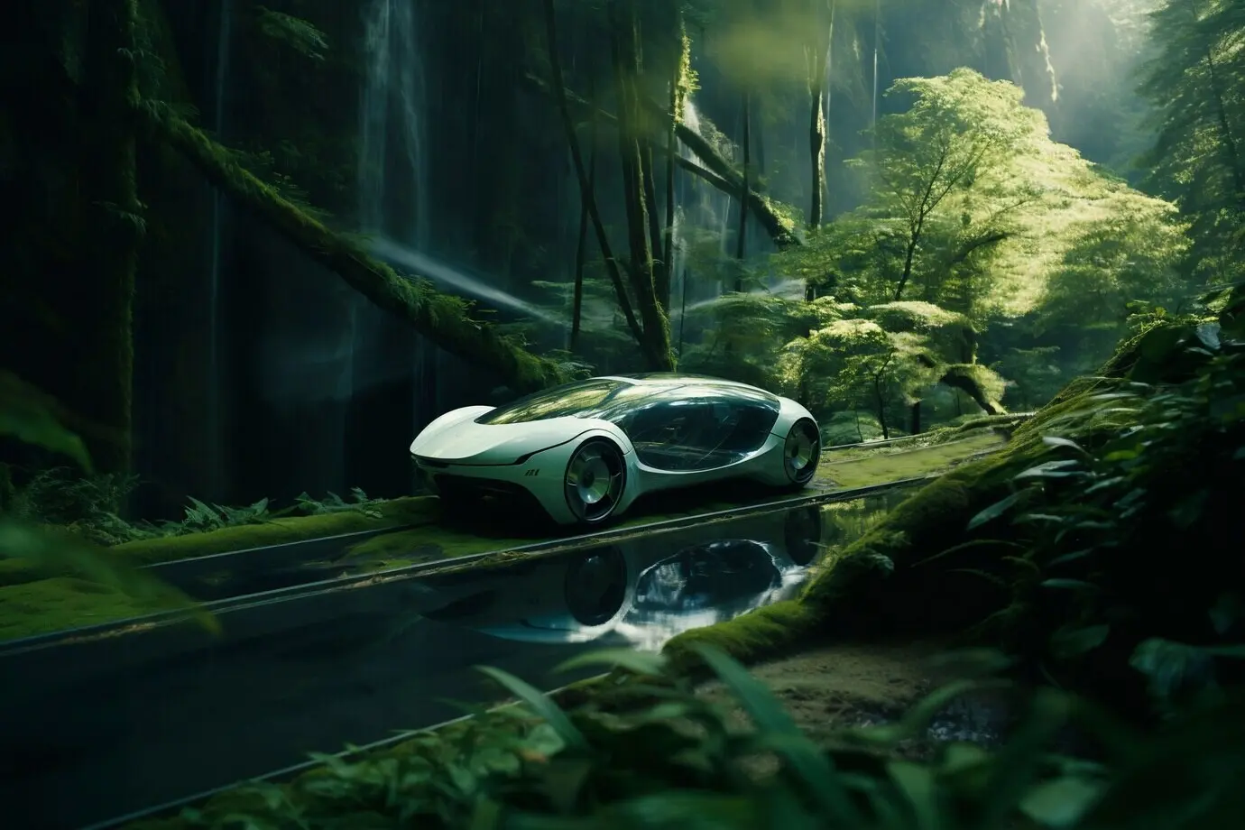 Современный автомобиль на футуристической дороге